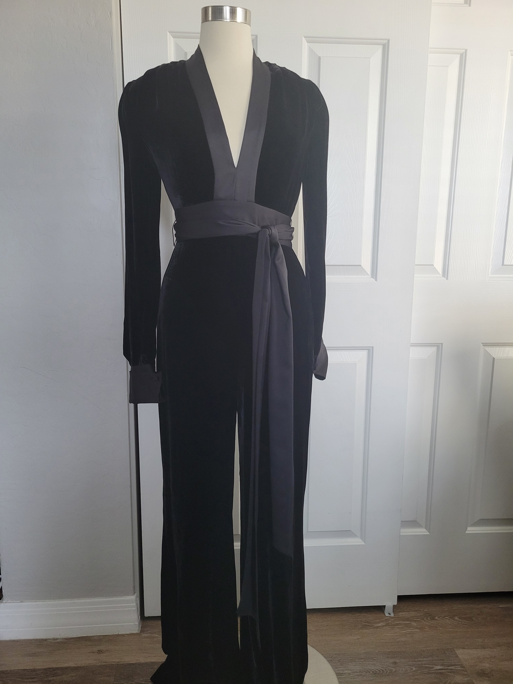 Diane von Furstenberg Black Velvet Wrap Jumpsuit with Satin Sash
